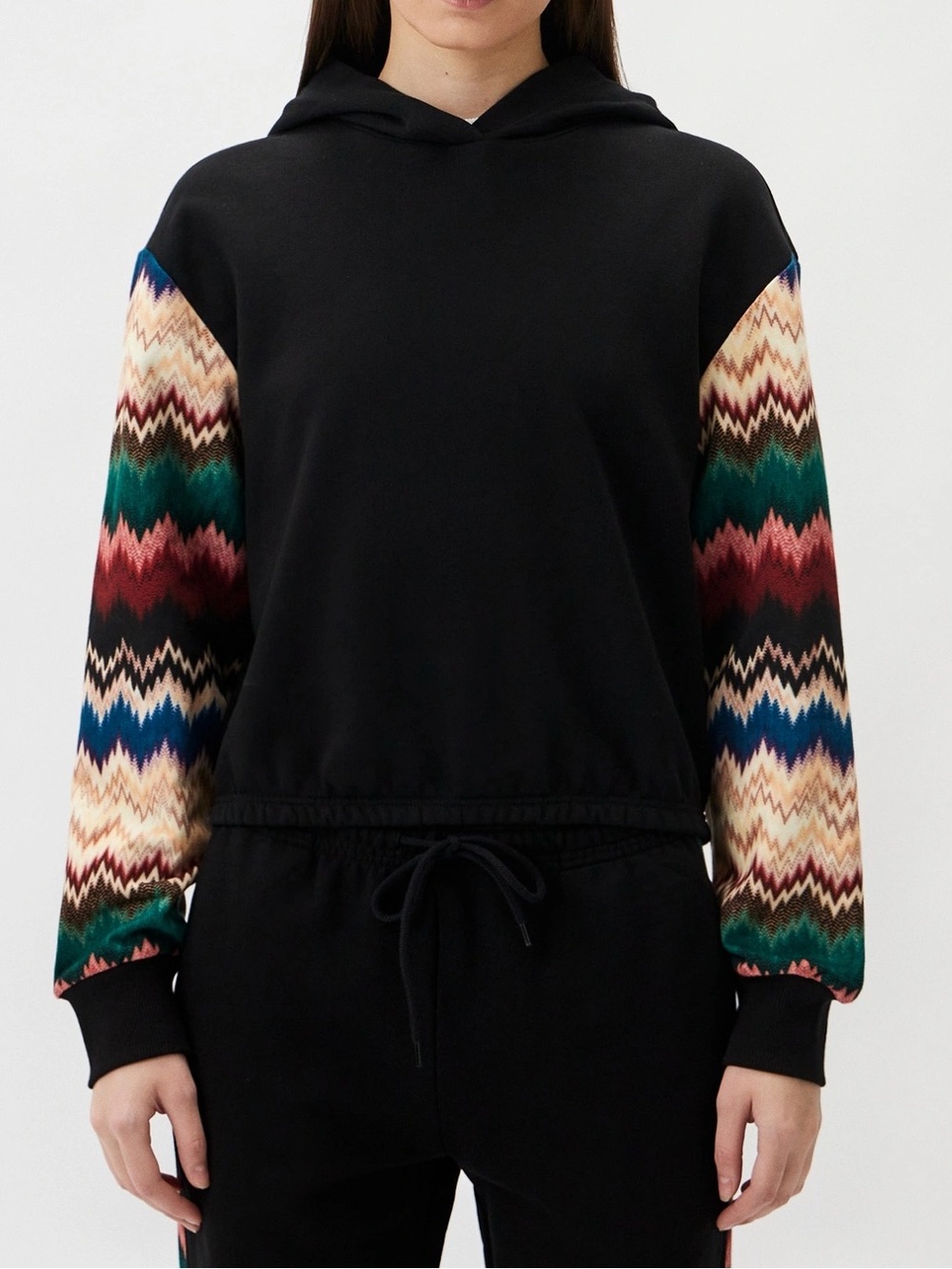M Missoni Black Hoodie with Multicolor Zigzag Sleeves $365